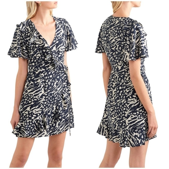 NWT Rebecca Vallance Flores Wrap effect Ruffled Printed Crepe Mini Dress 4 - Picture 1 of 14